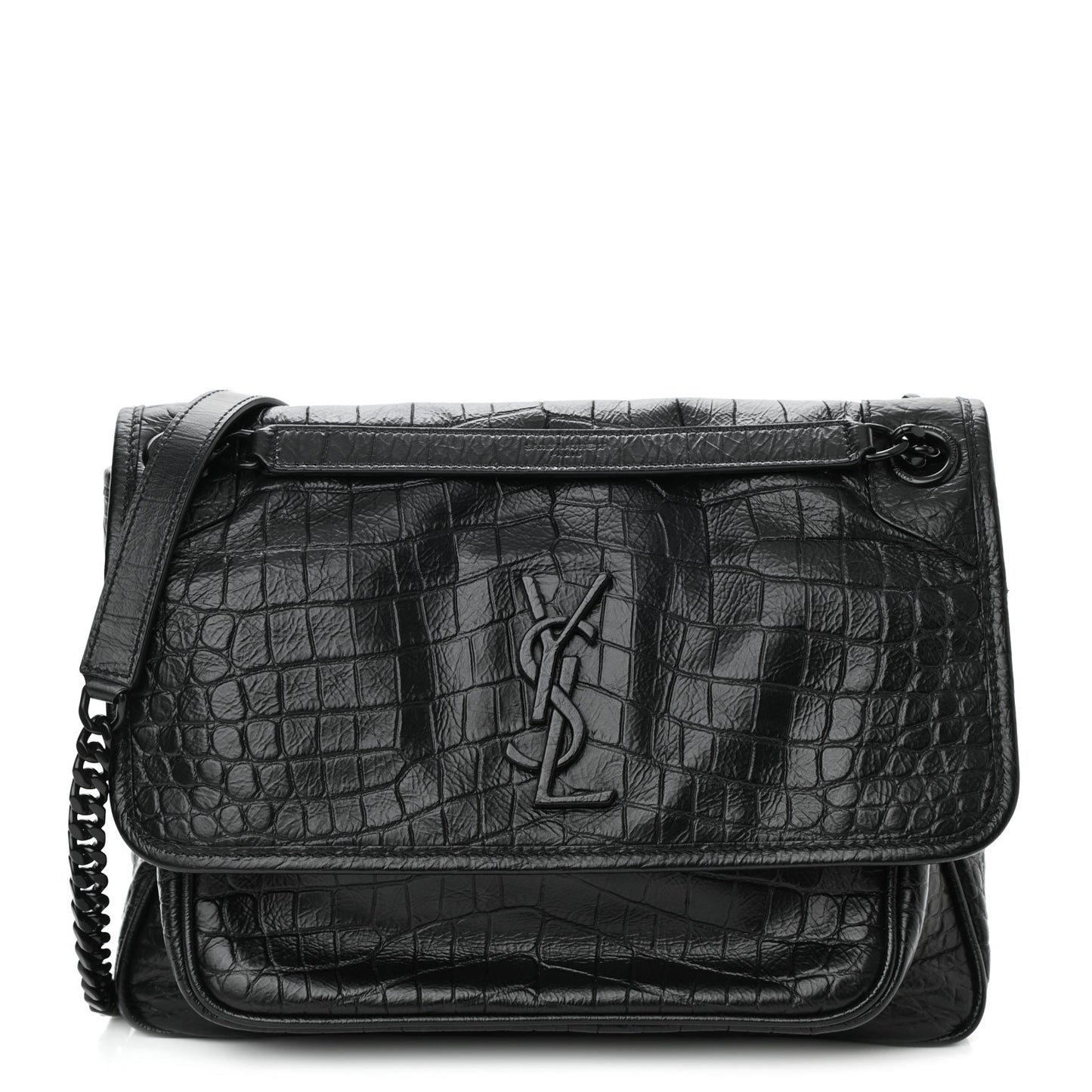 Crocodile Embossed Lambskin Monogram Medium Niki Chain Satchel Black