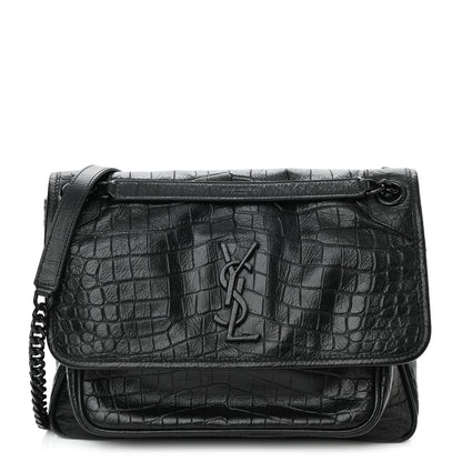 Saint Laurent Crocodile Embossed Lambskin Monogram Medium Niki Chain Satchel Black 1 of 9