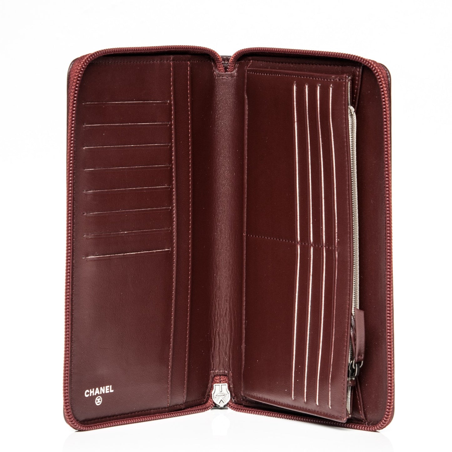 Lambskin Quilted Large Boy Zip Around Wallet Burgundy