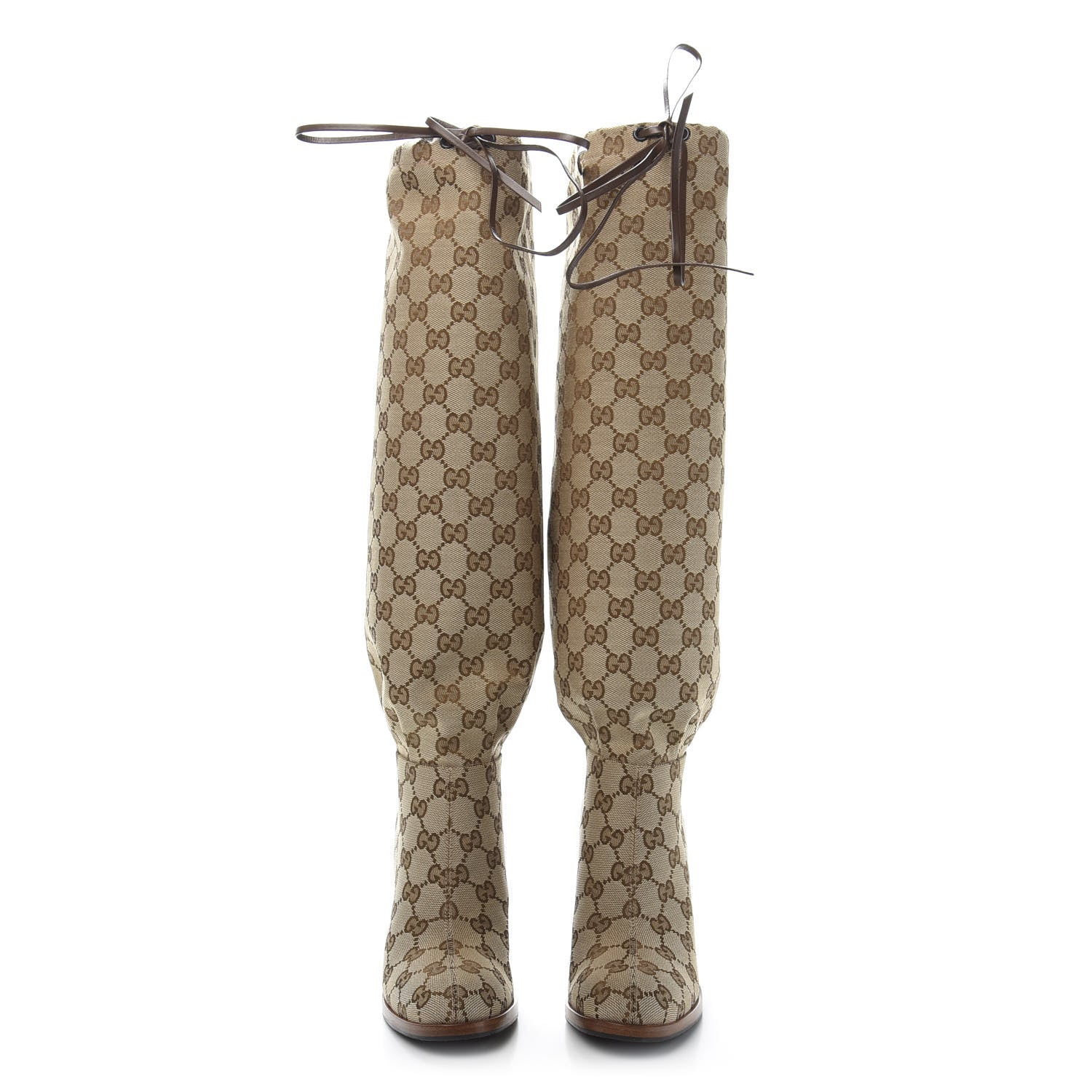 Gucci Monogram Malaga Kid Lisa Mid Heel Boots 35 Beige Ebony 2 of 8