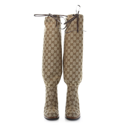 Gucci Monogram Malaga Kid Lisa Mid Heel Boots 35 Beige Ebony 2 of 8