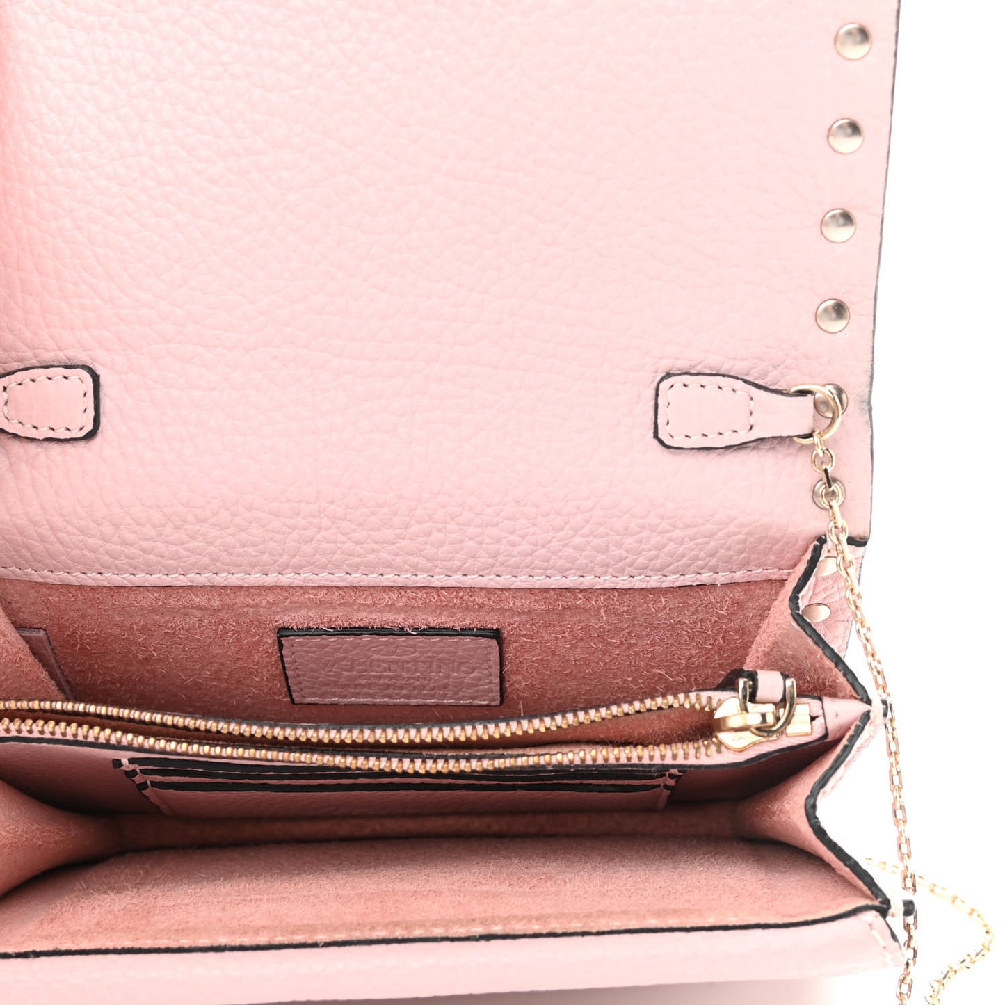 Pebbled Calfskin Rockstud Wallet on Chain Water Rose