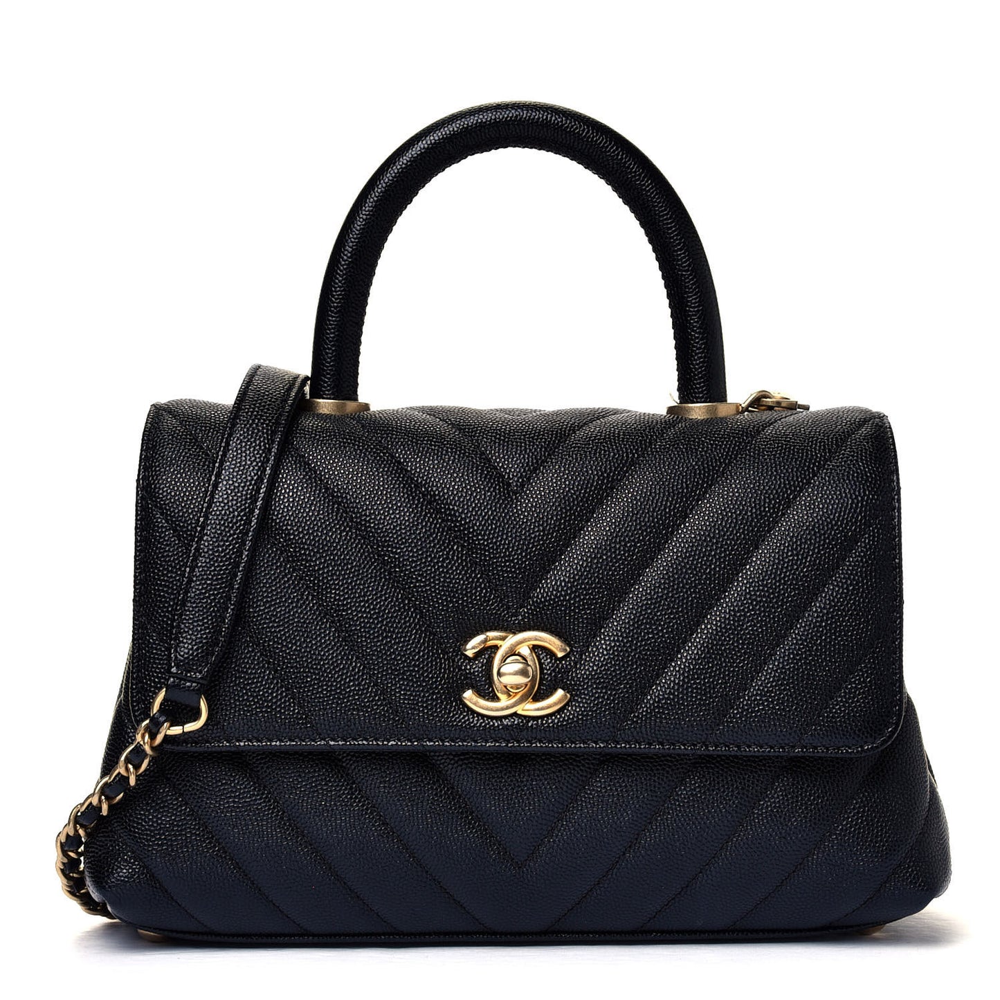Caviar Chevron Quilted Mini Coco Handle Flap Black