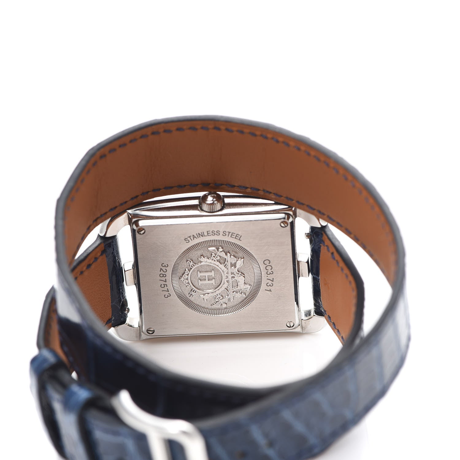 Hermes Stainless Steel Alligator Diamond Bezel Mother of Pearl 29mm Cape Cod Double Tour Quartz Watch Bleu Saphir 5 of 6