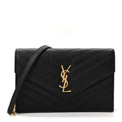 Saint Laurent Grain De Poudre Matelasse Chevron Monogram Envelope Chain Wallet Black 1 of 9