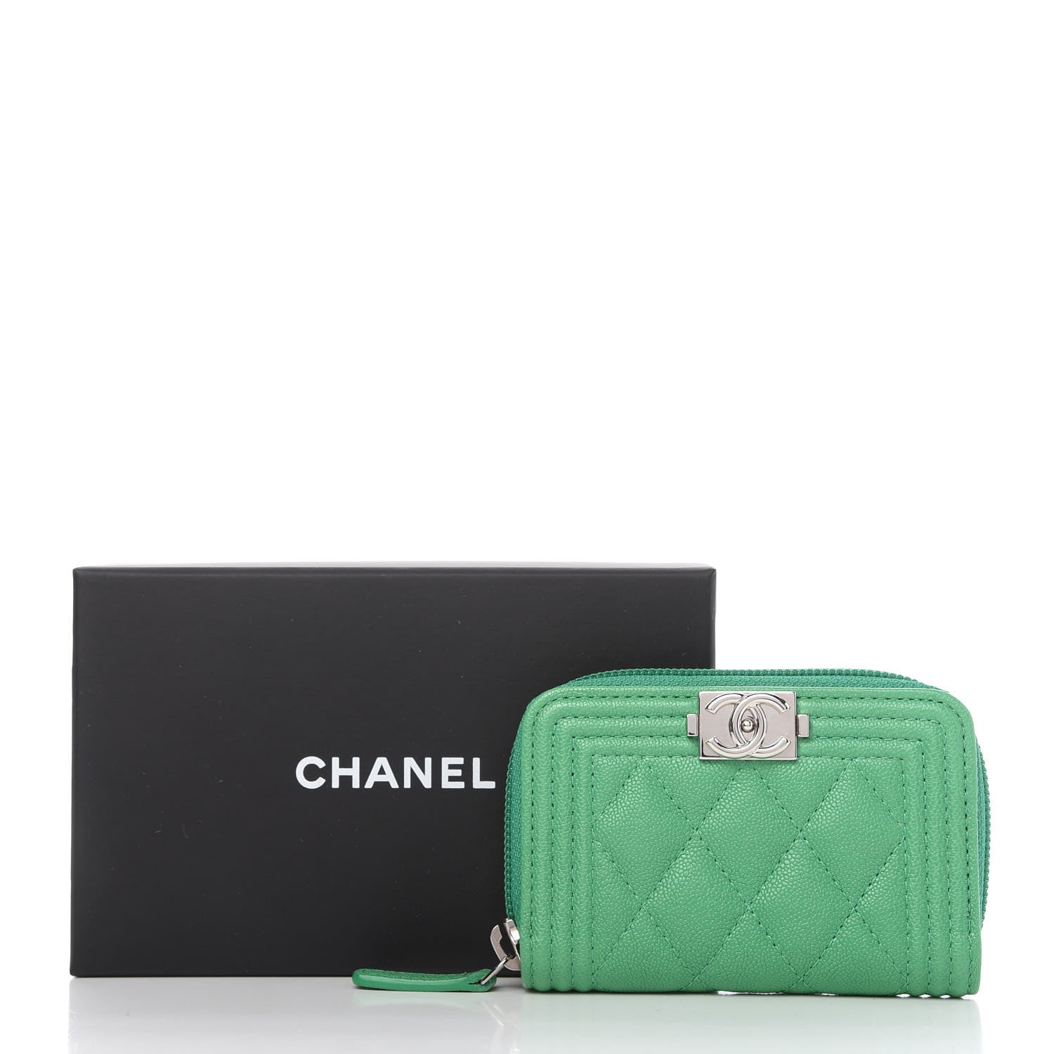 Chanel Caviar Quilted Boy Zip Around Coin Purse Wallet Green 11 of 11