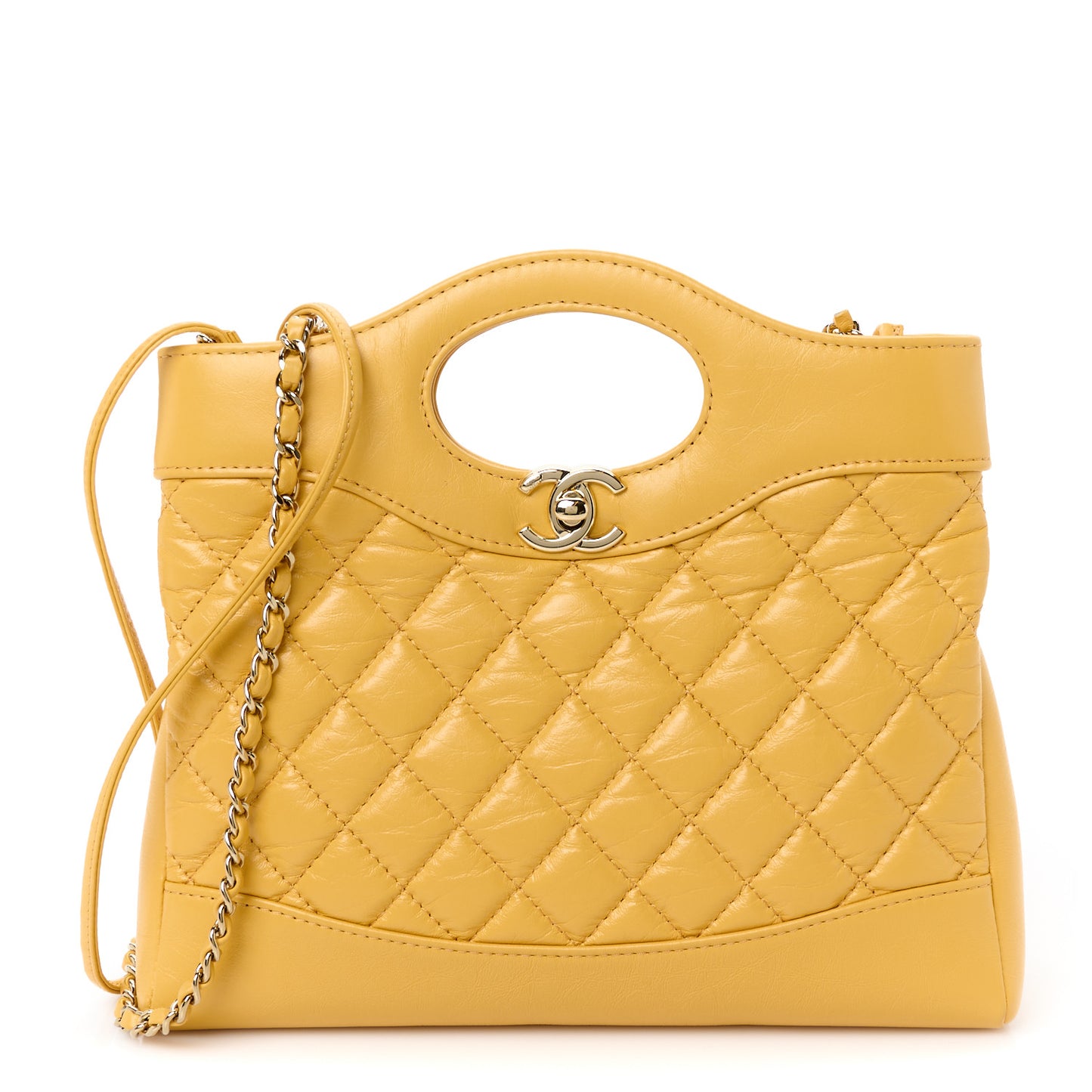 Shiny Crumpled Calfskin Quilted Mini 31 Shopping Bag Yellow