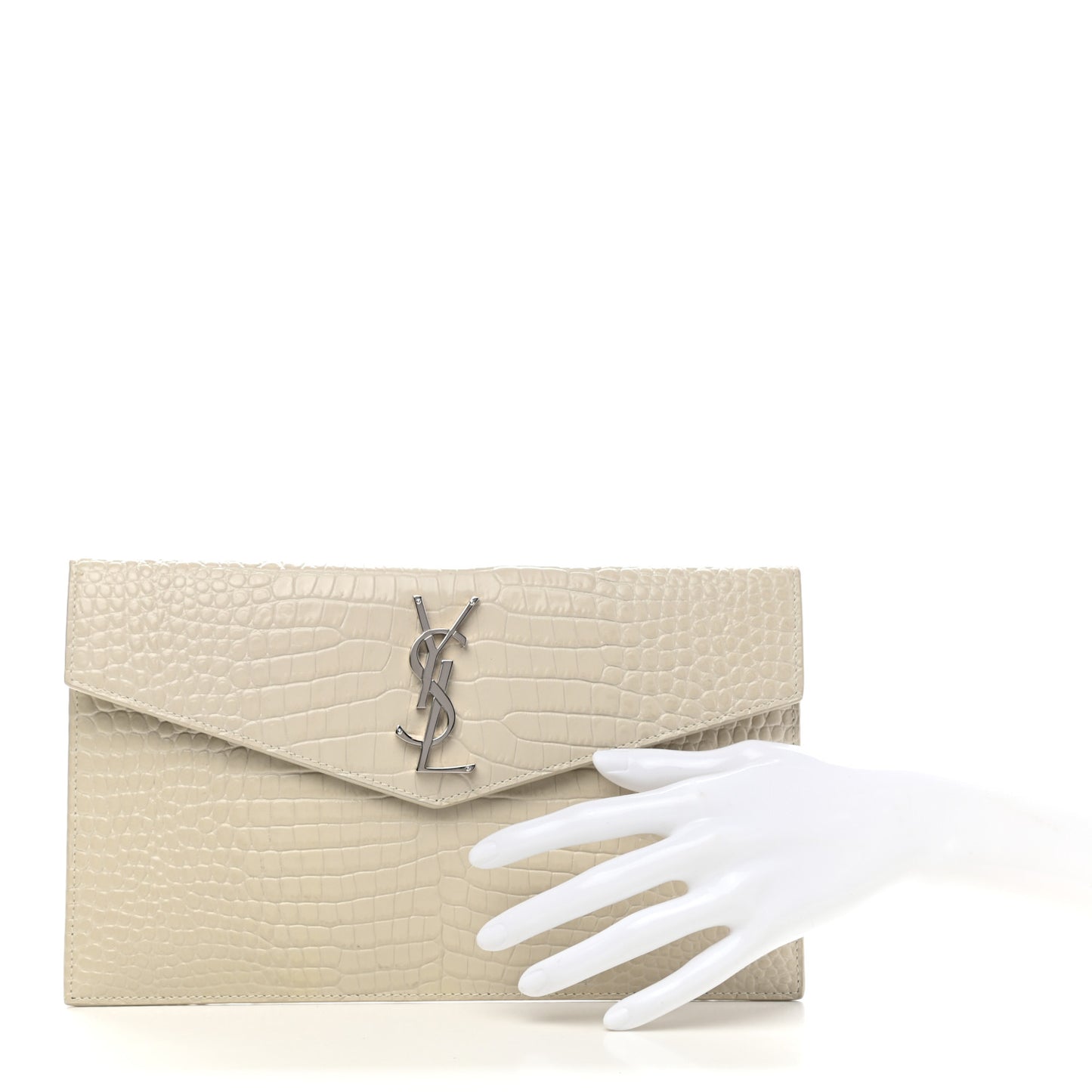 Calfskin Crocodile Embossed Uptown Monogram Pouch Crema Soft