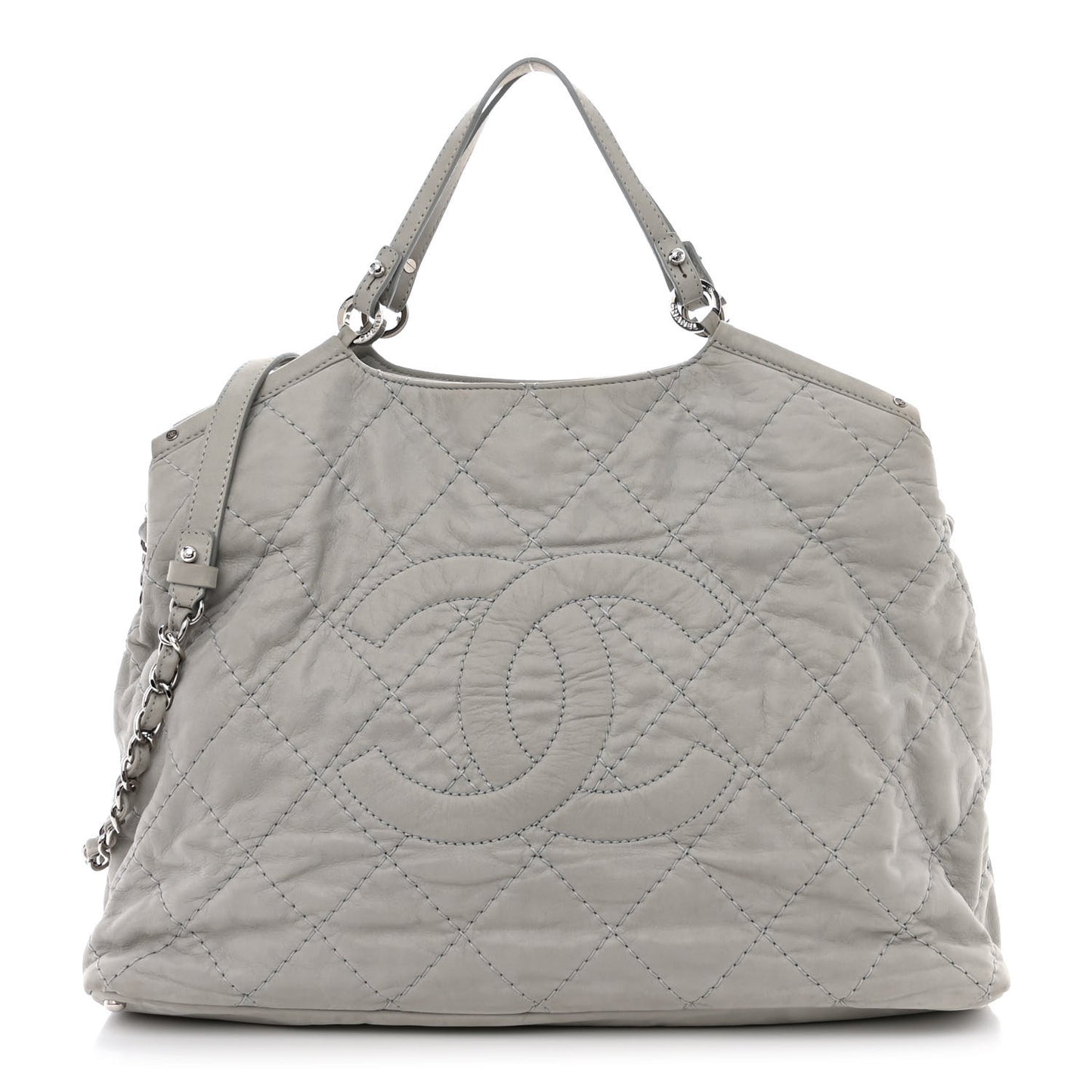 Iridescent Calfskin Diamond Stitched CC Shopping Tote Gris Clair