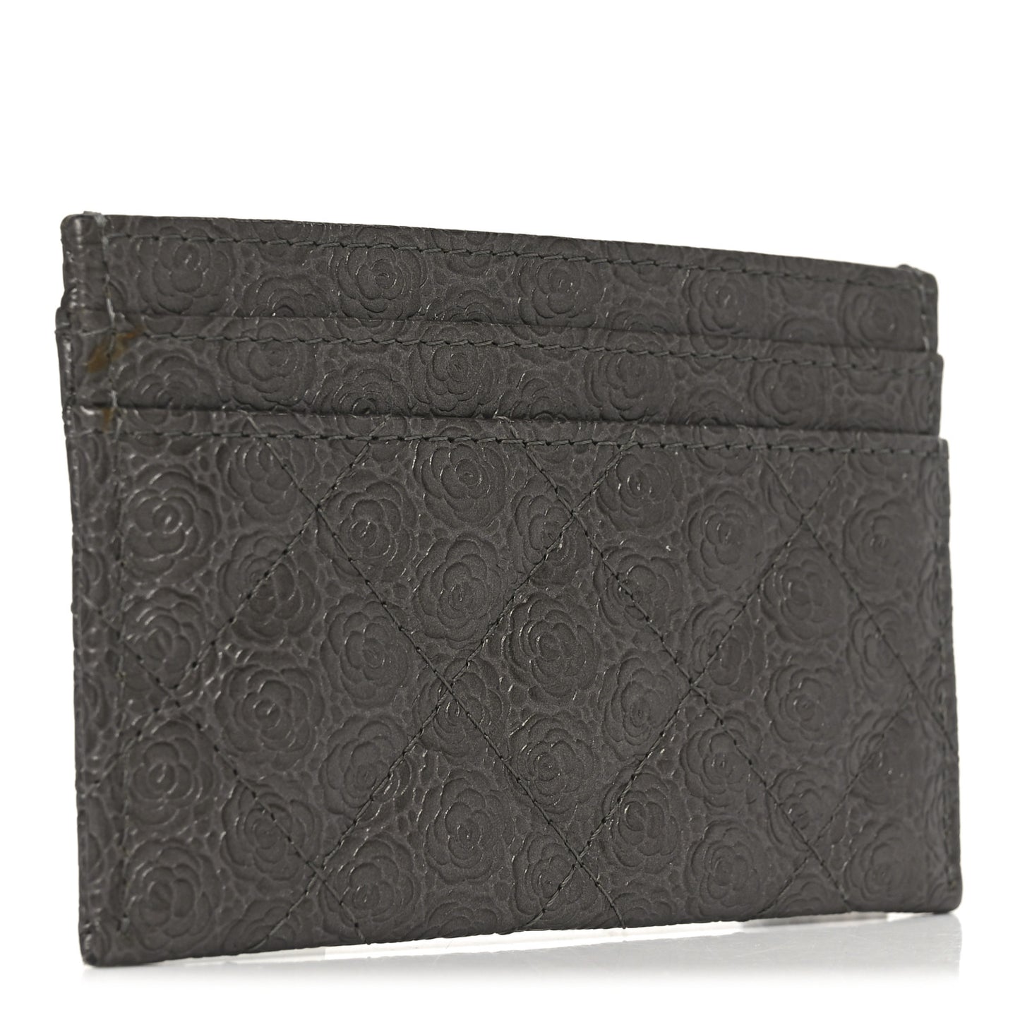 Calfskin Camellia Embossed Quilted Card Holder Grey