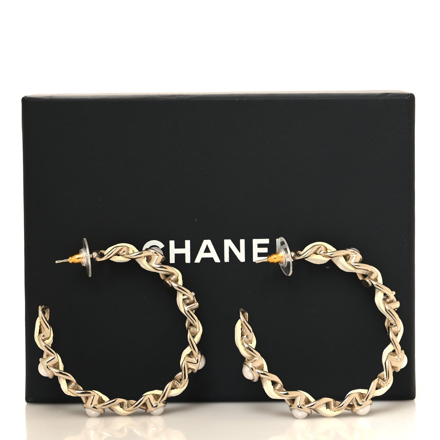 Lambskin Pearl More Is More CC Chain Hoop Earrings Matte Gold White