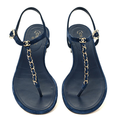 Chanel Suede Calfskin Thong Sandals 38 Navy Blue 5 of 11