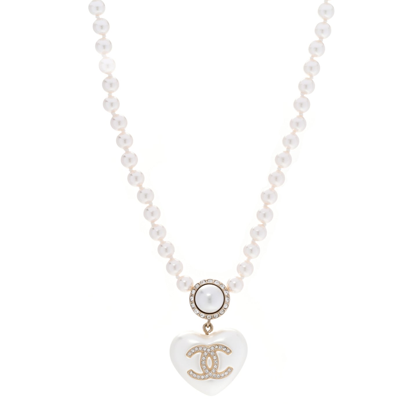 Pearl Crystal CC Heart Short Necklace Pearly White Gold