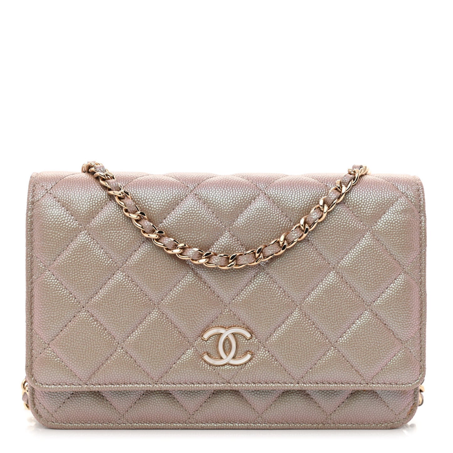 Iridescent Caviar Quilted Wallet On Chain WOC Beige