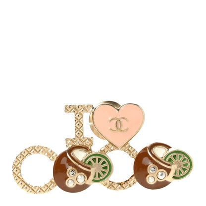 Chanel Metal Resin Pearl I Love Coco Brooch Gold Brown Pink 1 of 4