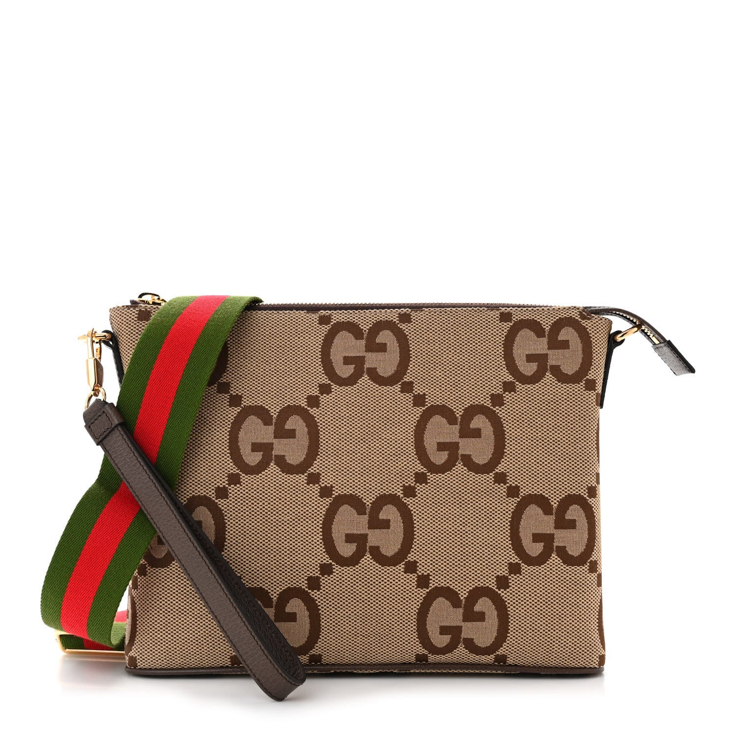Gucci Monogram Jumbo GG Textured Dollar Calfskin Web Wristlet Messenger Bag Camel Ebony New Acero 1 of 10