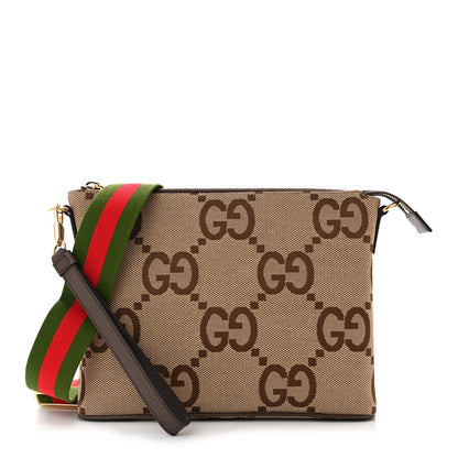 Gucci Monogram Jumbo GG Textured Dollar Calfskin Web Wristlet Messenger Bag Camel Ebony New Acero 1 of 10