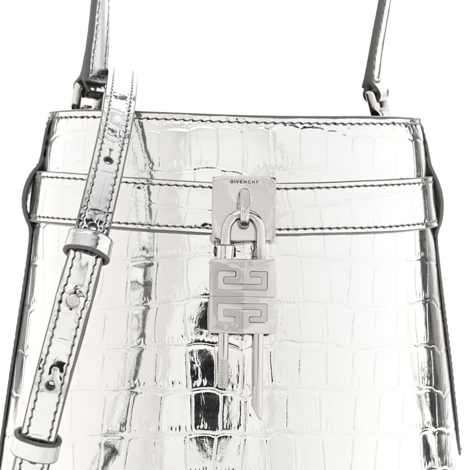 Givenchy Metallic Calfskin Crocodile Embossed Shark Lock Bucket Bag Light Silvery 8 of 11