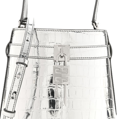 Givenchy Metallic Calfskin Crocodile Embossed Shark Lock Bucket Bag Light Silvery 8 of 11