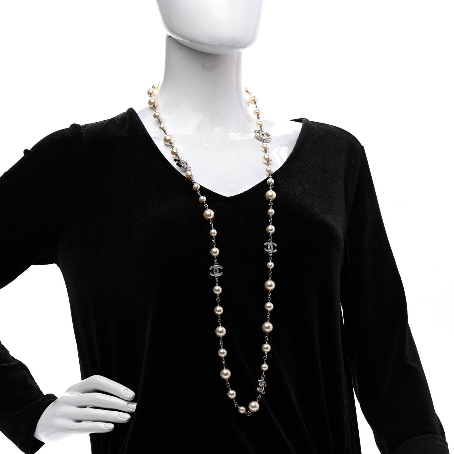 Chanel Crystal Pearl CC Long Necklace Silver 2 of 6