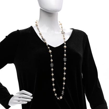 Chanel Crystal Pearl CC Long Necklace Silver 2 of 6