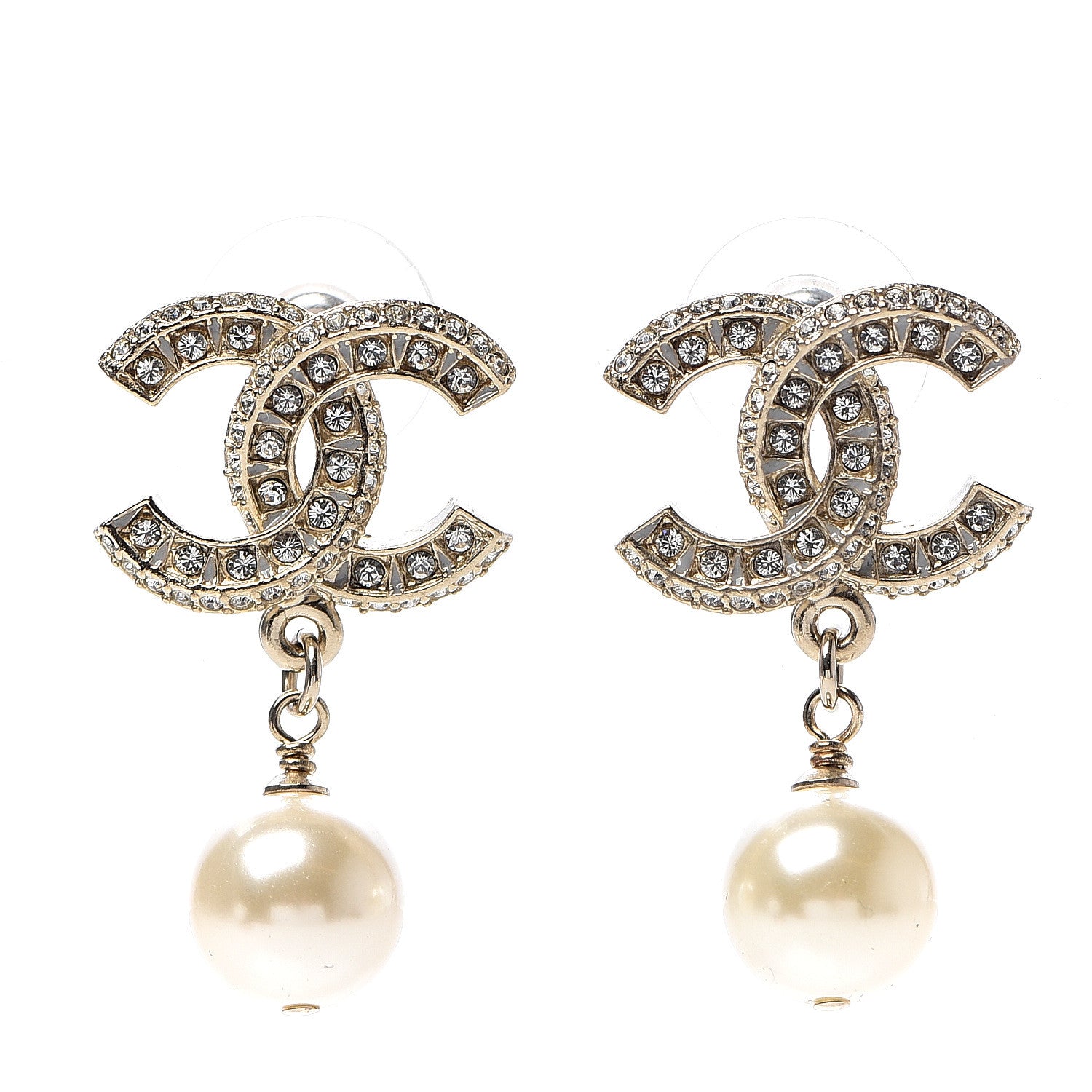 Chanel Crystal Pearl CC Drop Earrings Gold 1 of 5