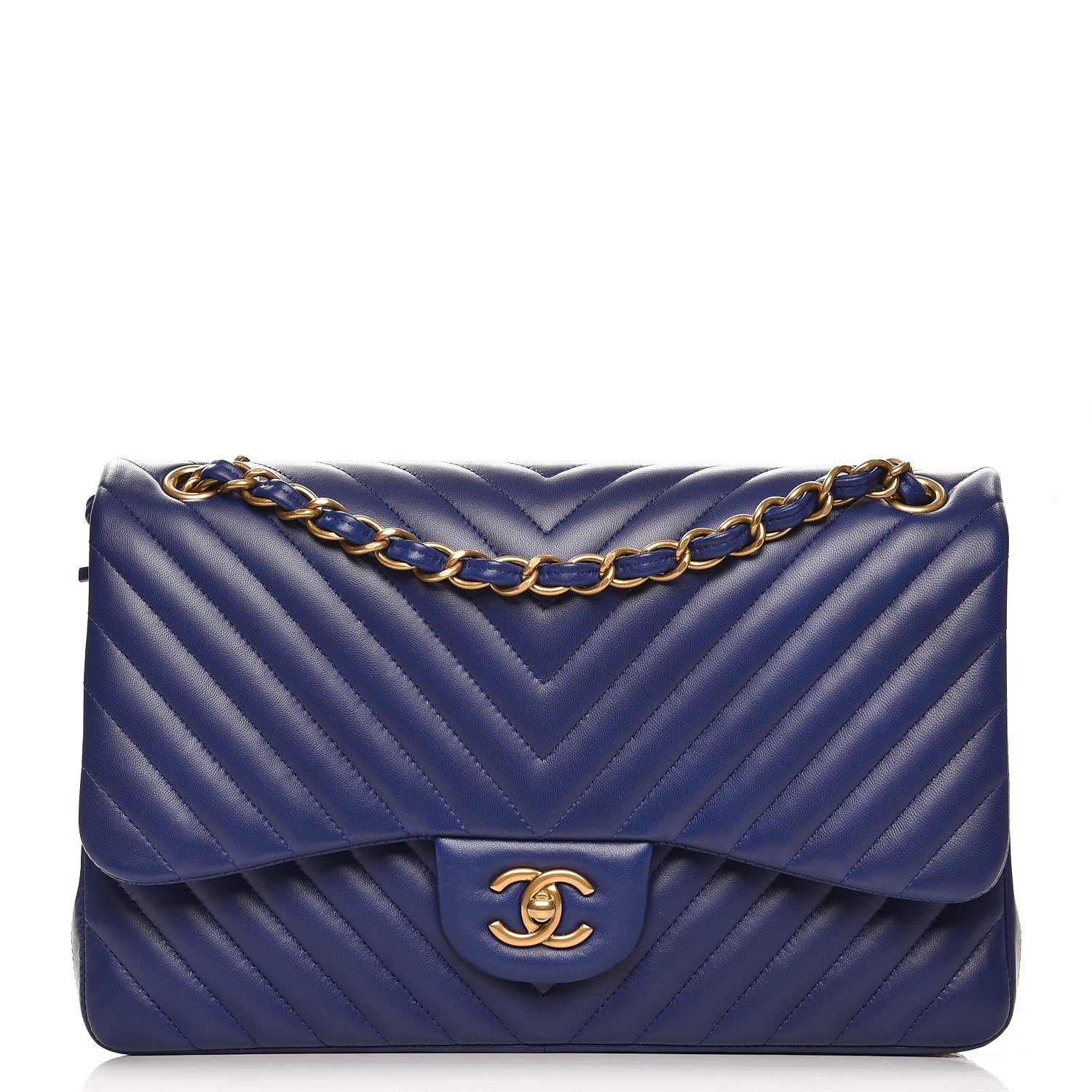 Chanel Lambskin Chevron Quilted Jumbo Double Flap Blue 1 of 8