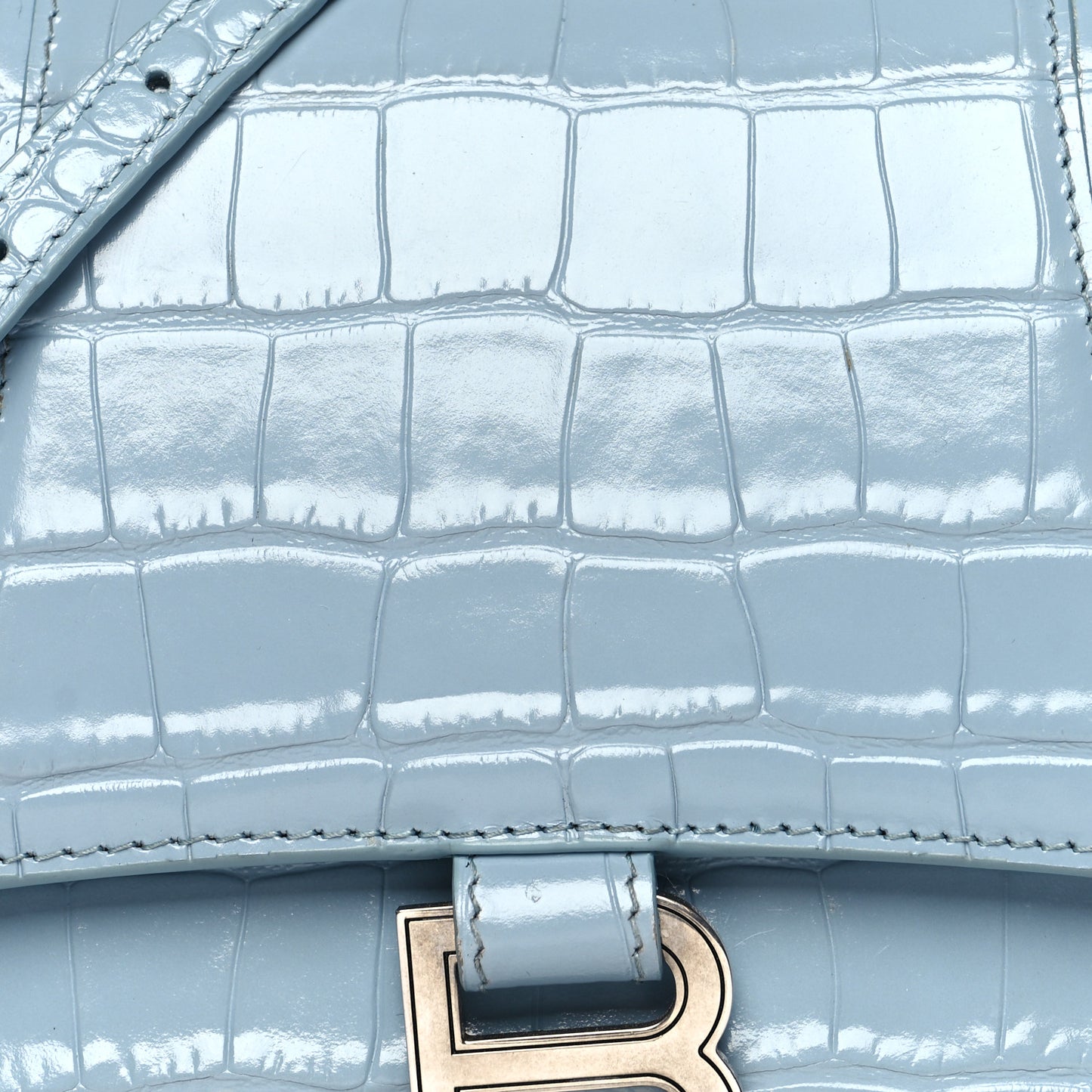 Shiny Calfskin Crocodile Embossed Small Hourglass Top Handle Bag Blue Grey
