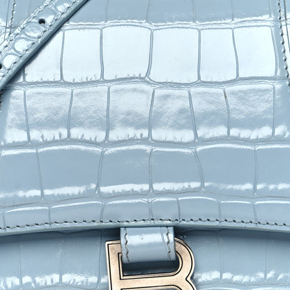 Balenciaga Shiny Calfskin Crocodile Embossed Small Hourglass Top Handle Bag Blue Grey 9 of 16