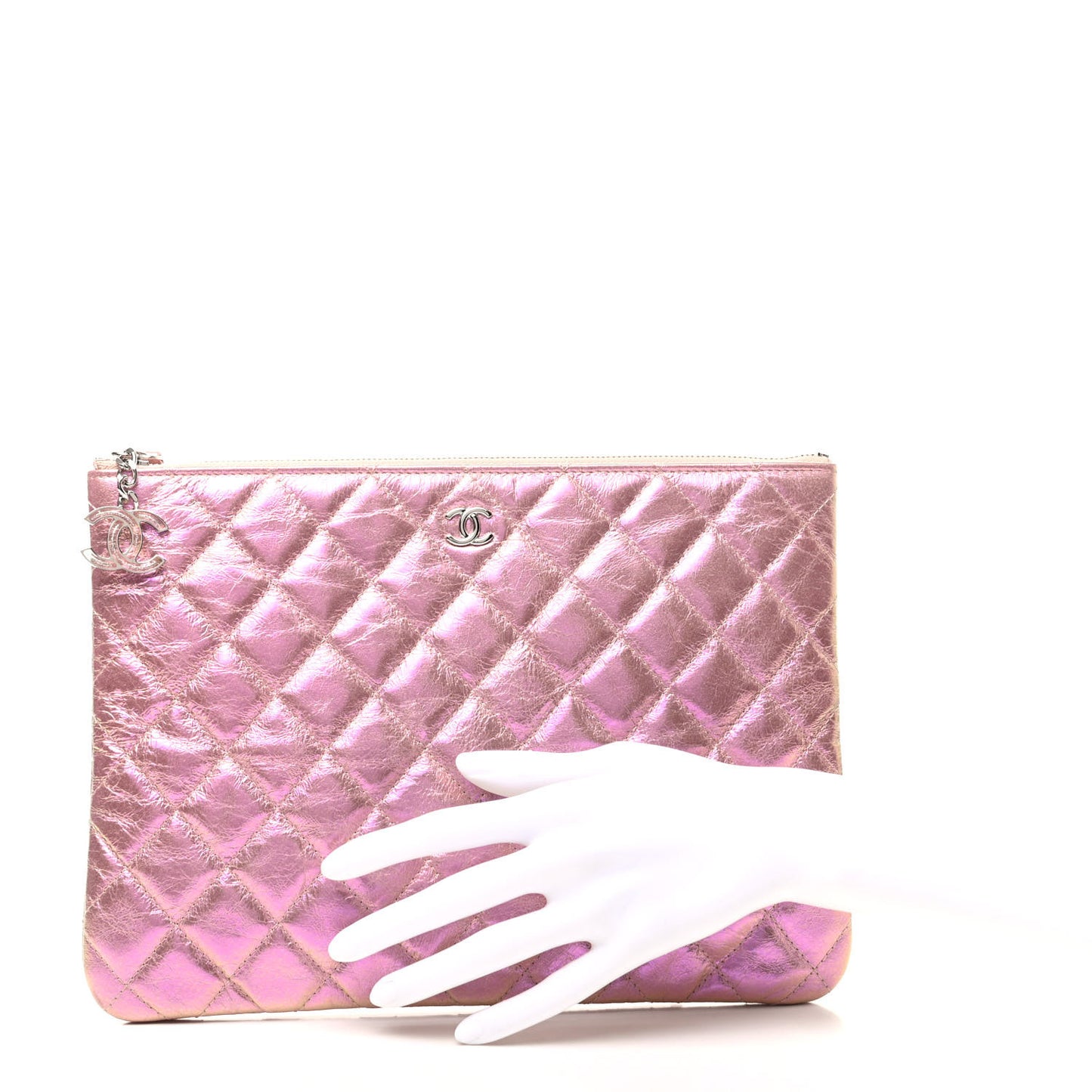 Iridescent Crumpled Calfskin Medium Cosmetic Case Pink