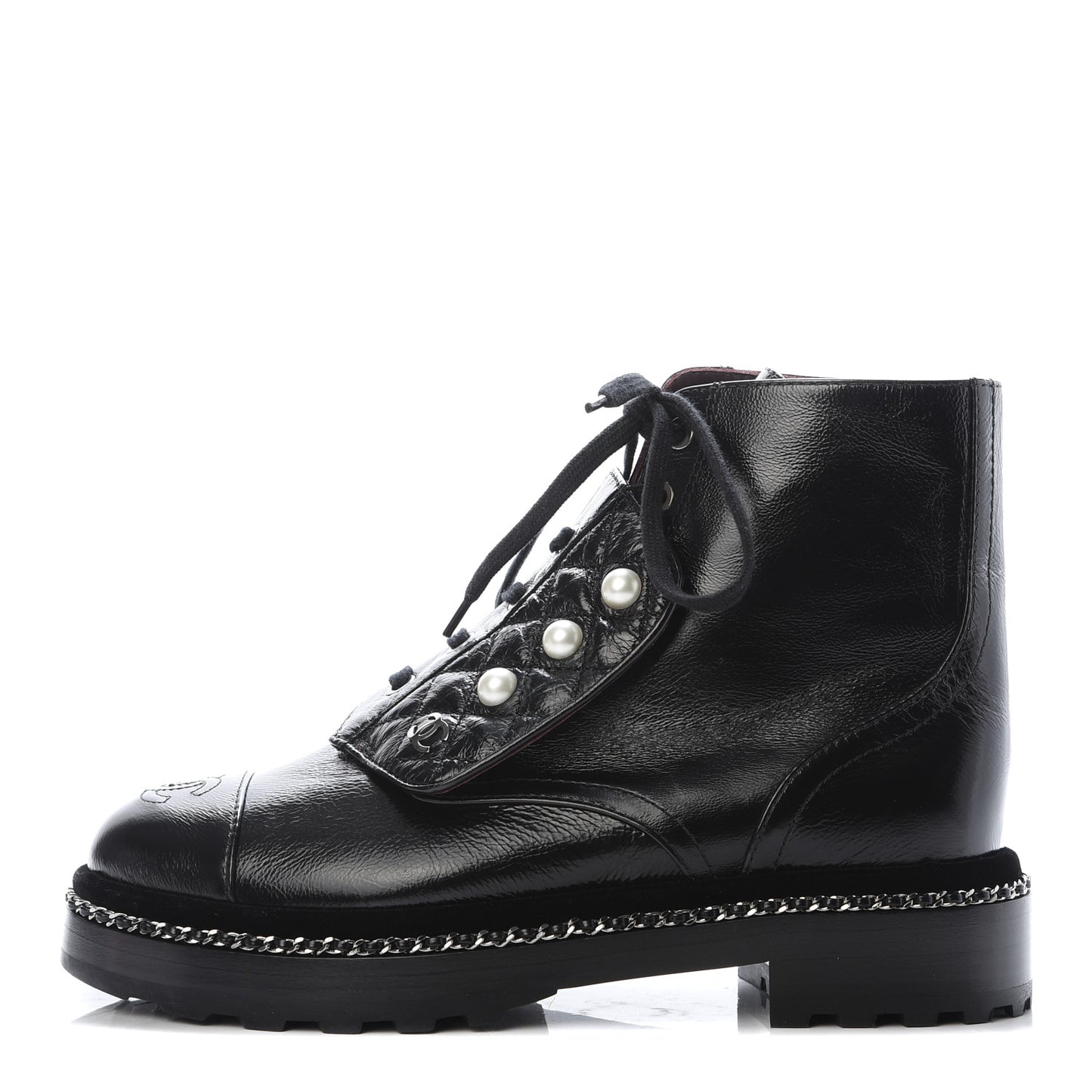 Crackled Calfskin Velvet Pearl Combat Short Boots 37 Black