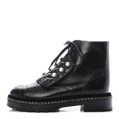 Chanel Crackled Calfskin Velvet Pearl Combat Short Boots 37 Black 1 of 7