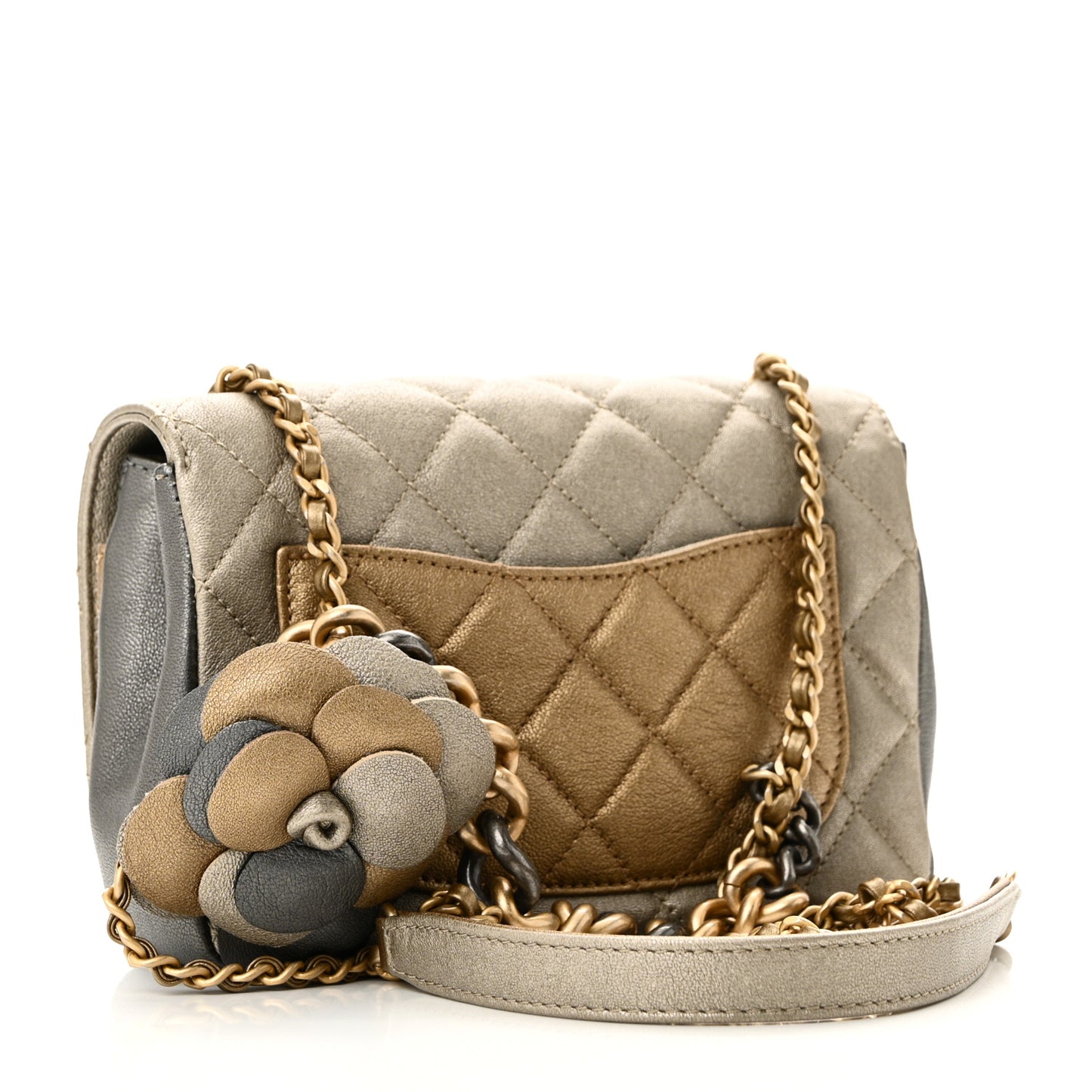 Lambskin Quilted Private Affair Camellia Flap Pale Gold Silver Dark Gold
