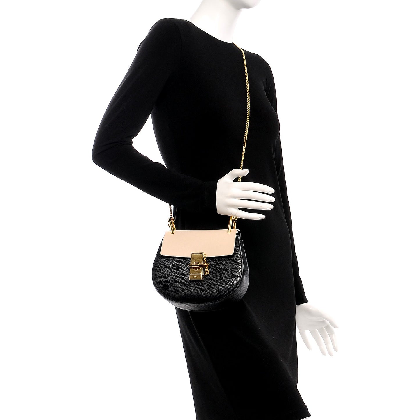 Grained Calfskin Lambskin Mini Bi-Color Drew Shoulder Bag Black Powder Beige