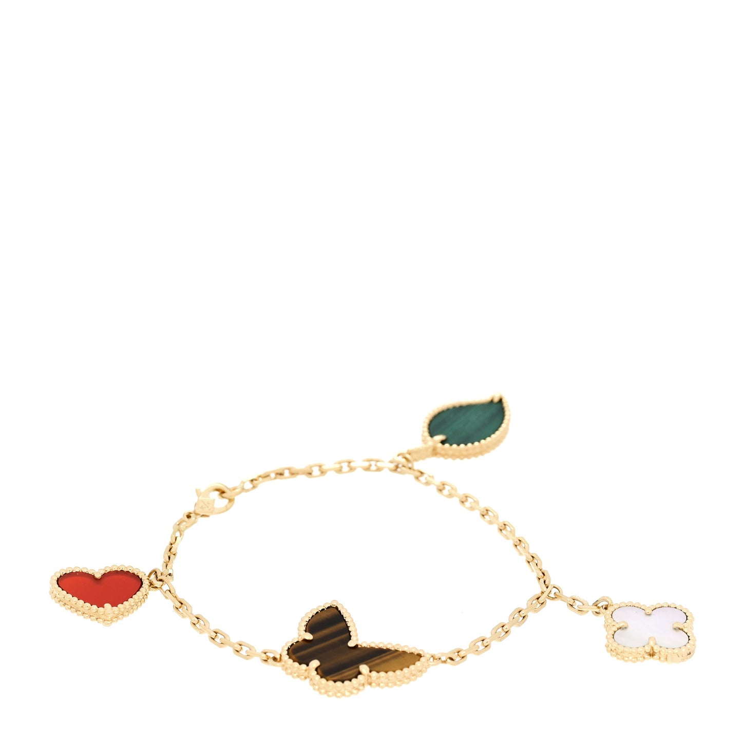 18K Yellow Gold Mother of Pearl Malachite Carnelian Tiger Eye 4 Motifs Lucky Alhambra Bracelet