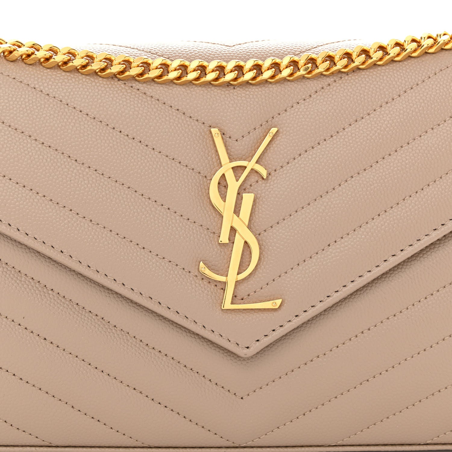 Saint Laurent Grain De Poudre Matelasse Chevron Monogram Chain Wallet Dark Beige 7 of 10