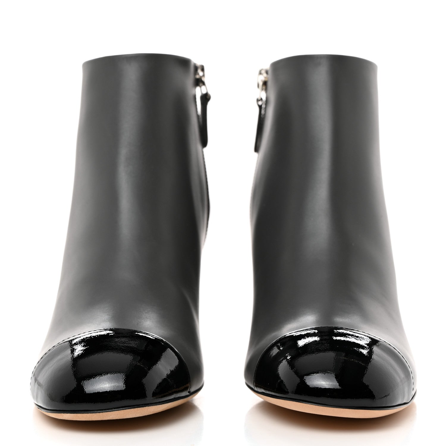 Chanel Calfskin Patent CC Cap Toe Ankle Booties 36 Grey Black 2 of 9