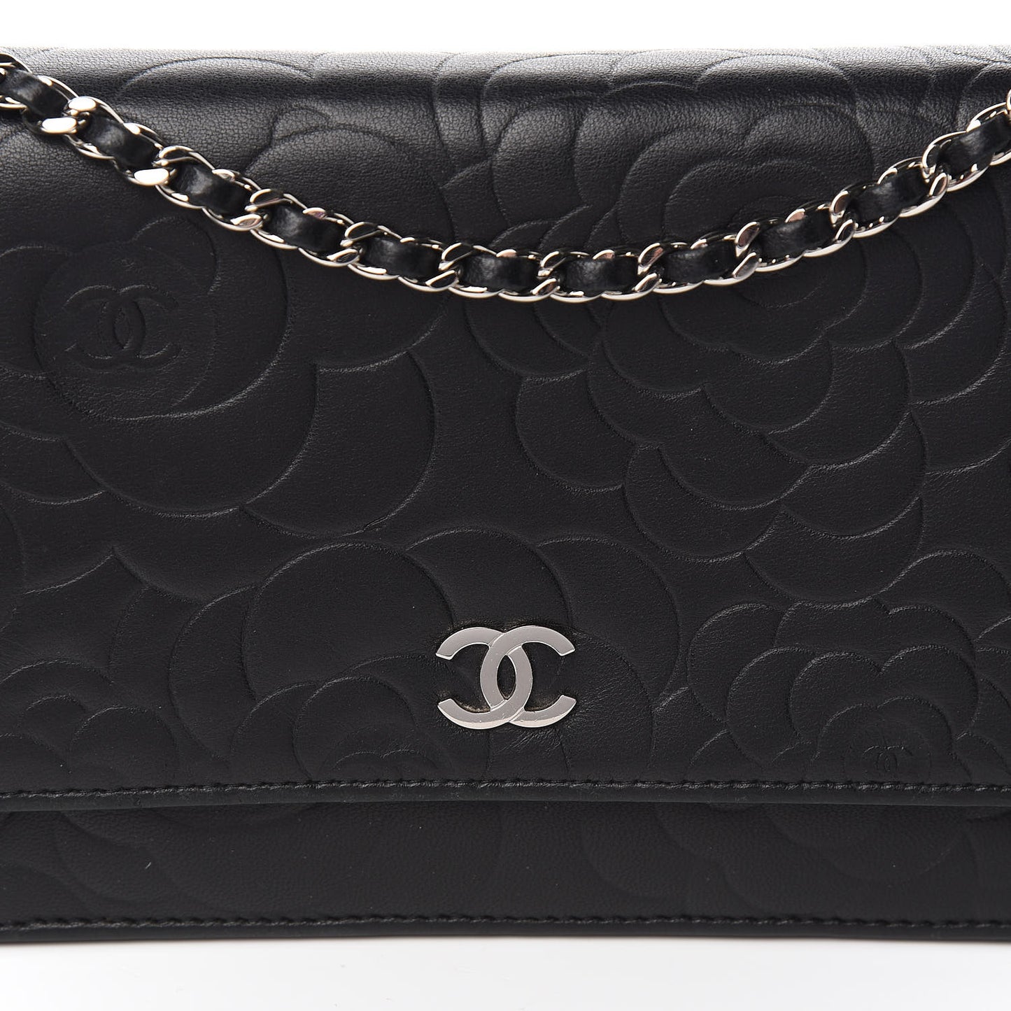 Lambskin Camellia Embossed Wallet on Chain WOC Black