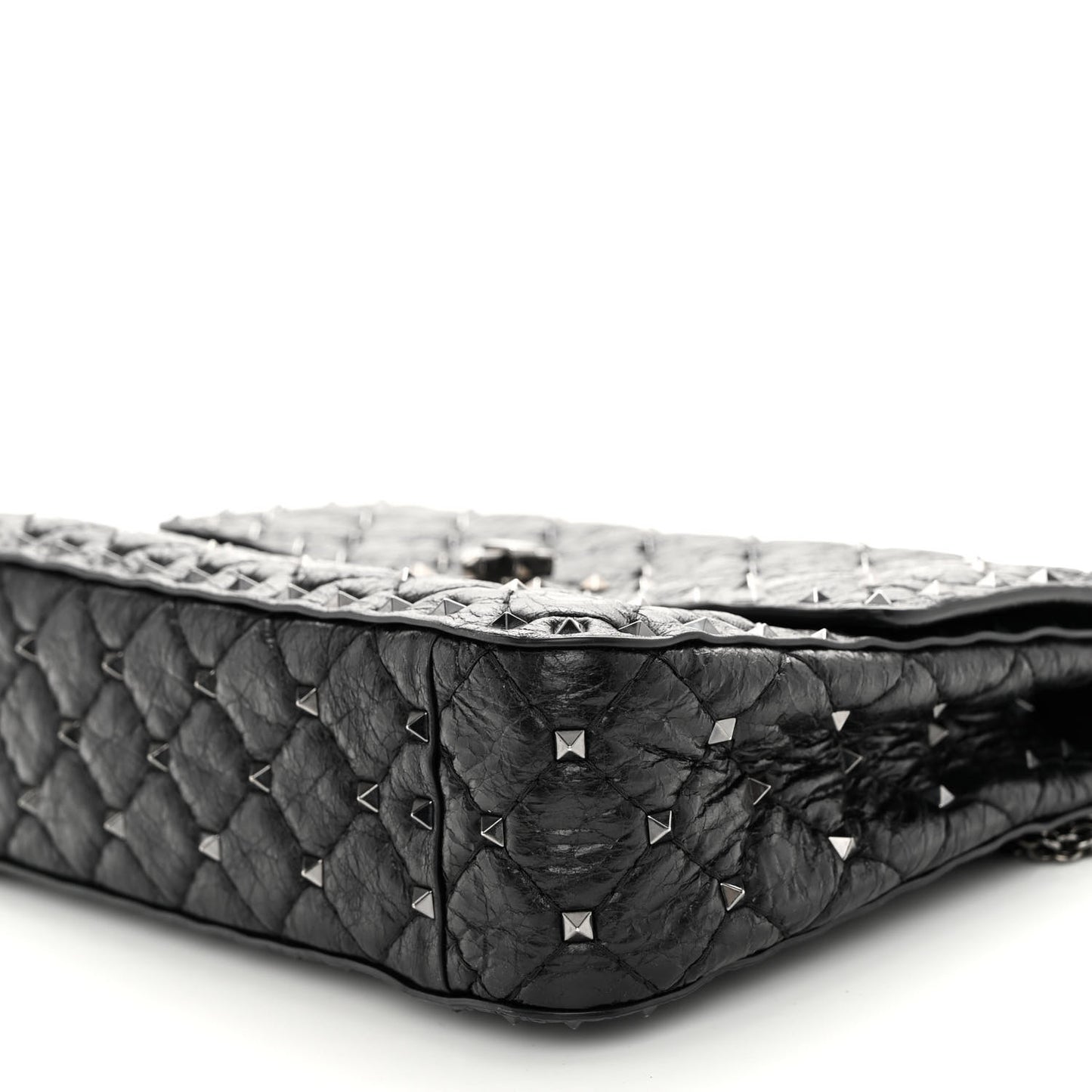 Craquele Nappa Medium Rockstud Spike Shoulder Bag Black