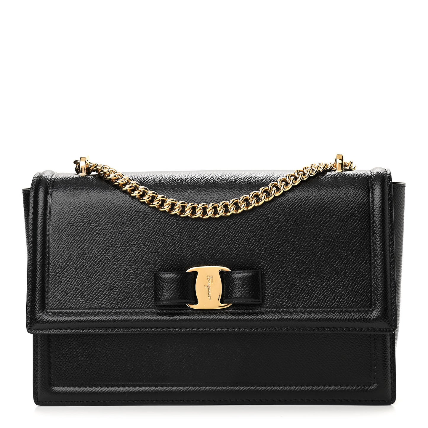 Hammered Calfskin Vara Bow Chain Flap Crossbody Black