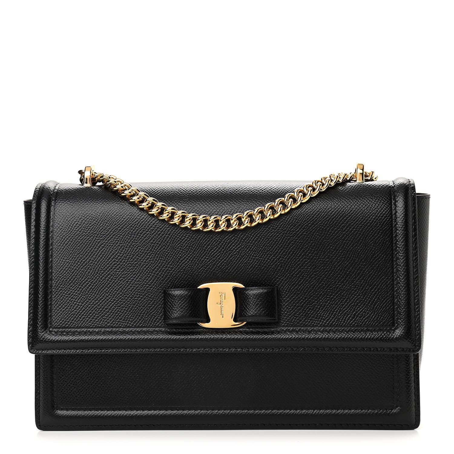 Salvatore Ferragamo Hammered Calfskin Vara Bow Chain Flap Crossbody Black 1 of 9