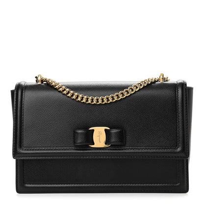 Salvatore Ferragamo Hammered Calfskin Vara Bow Chain Flap Crossbody Black 1 of 9