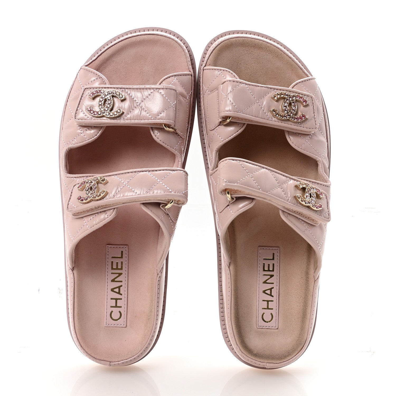 CHANEL　シャネル Chanel Shiny Calfskin Crystal Quilted Velcro Dad CC Slide Sandals