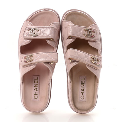 Chanel Shiny Calfskin Crystal Quilted Velcro Dad CC Slide Sandals 39 Light Pink 2 of 9