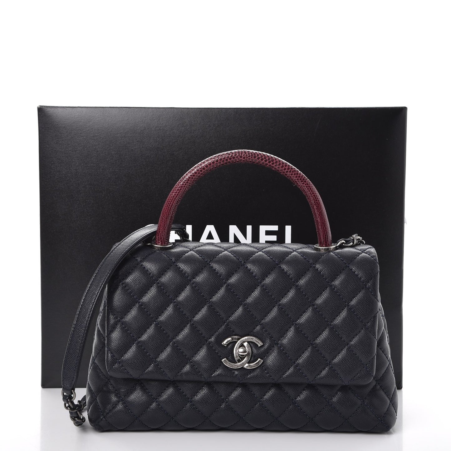 Caviar Lizard Quilted Small Coco Handle Flap Navy