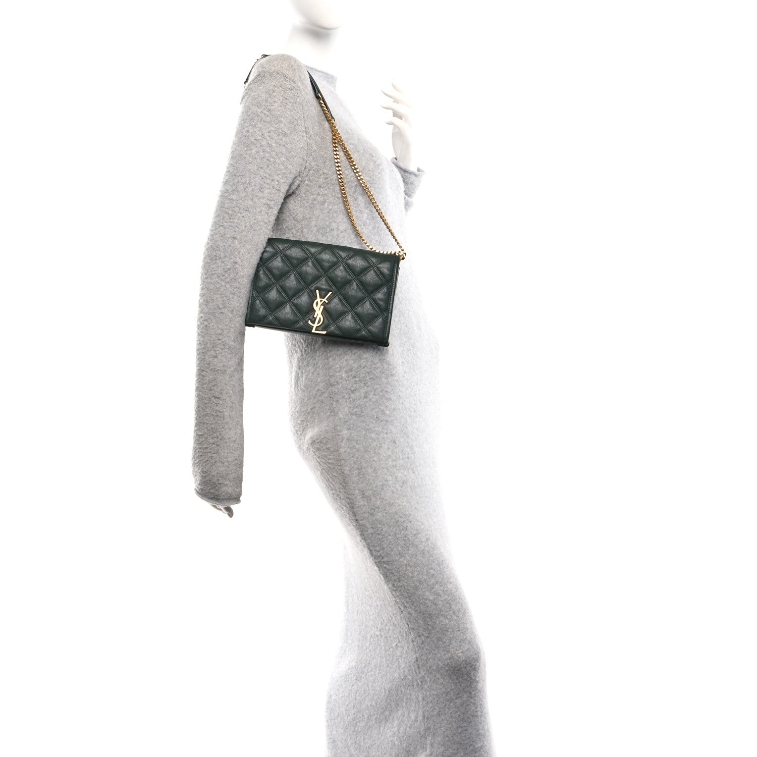 Saint Laurent Lambskin Diamond Quilted Becky Chain Wallet Vert Fonce 2 of 10