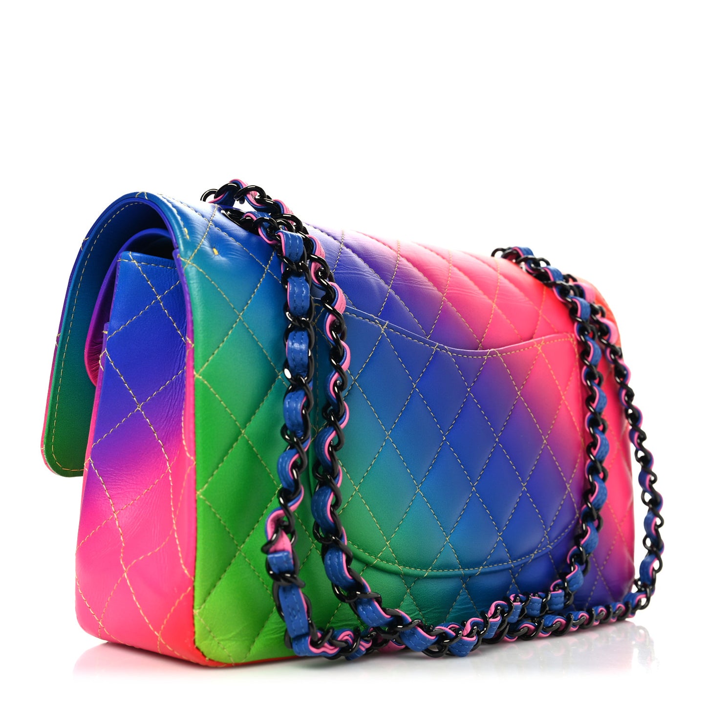 Calfskin Quilted Medium Rainbow Double Flap Multicolor