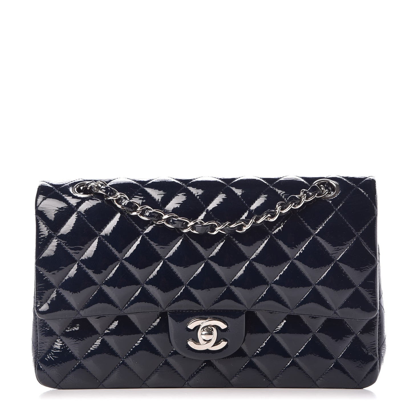 Patent Quilted Medium Double Flap Navy Blue