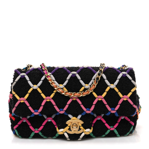 Tweed Diamond Threaded Mini Rectangular Pearl Crush Flap Black Multicolor