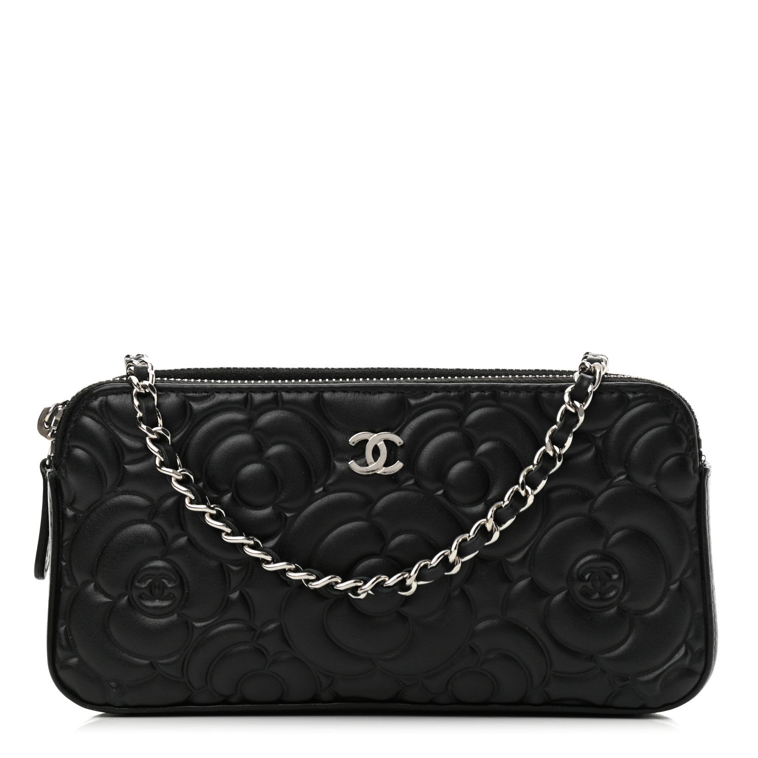 Chanel Lambskin Camellia Embossed Small Clutch With Chain Black 1 of 11